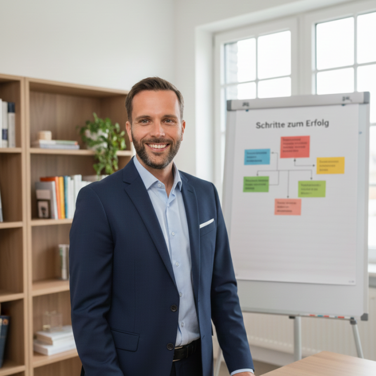 Präsentation Coach präsentiert Schritte zum Erfolg