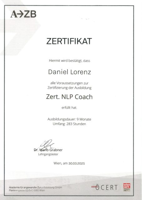 Zertifikat NLP Coach (2025) Zertifizierter NLP Coach Daniel Lorenz