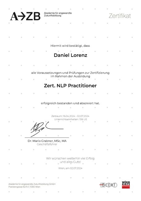 Zertifikat NLP Practitioner (2025) Zertifikat NLP Practitioner Daniel Lorenz