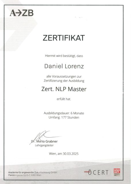 Zertifikat NLP Master (2025) Zertifizierter NLP Master Daniel Lorenz